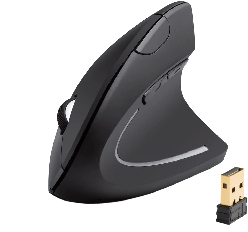 Anker ergonomic vertical wireless mouse in black, showcasing its vertical handshake grip design for wrist pain relief.