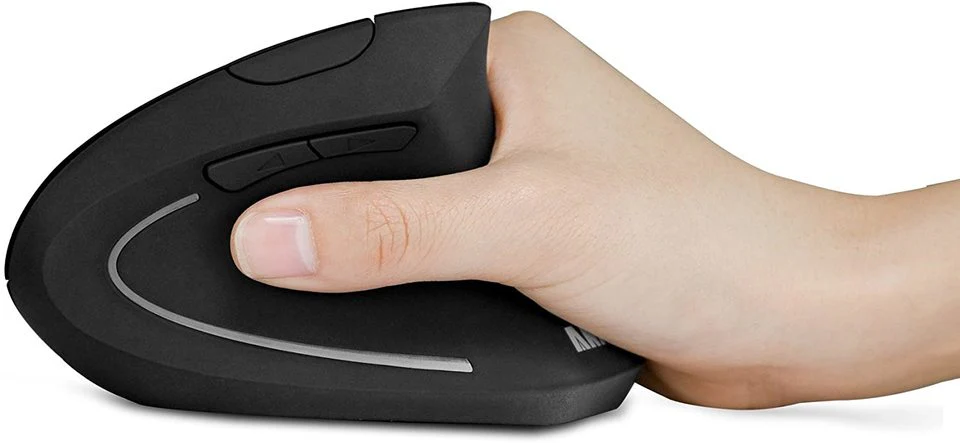 Close-up side view of the Anker vertical mouse showing the next/previous navigation thumb buttons and ergonomic thumb rest.