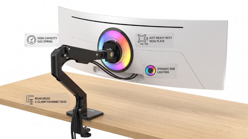 AVLT heavy duty ultrawide monitor desk mount supporting a large curved OLED screen