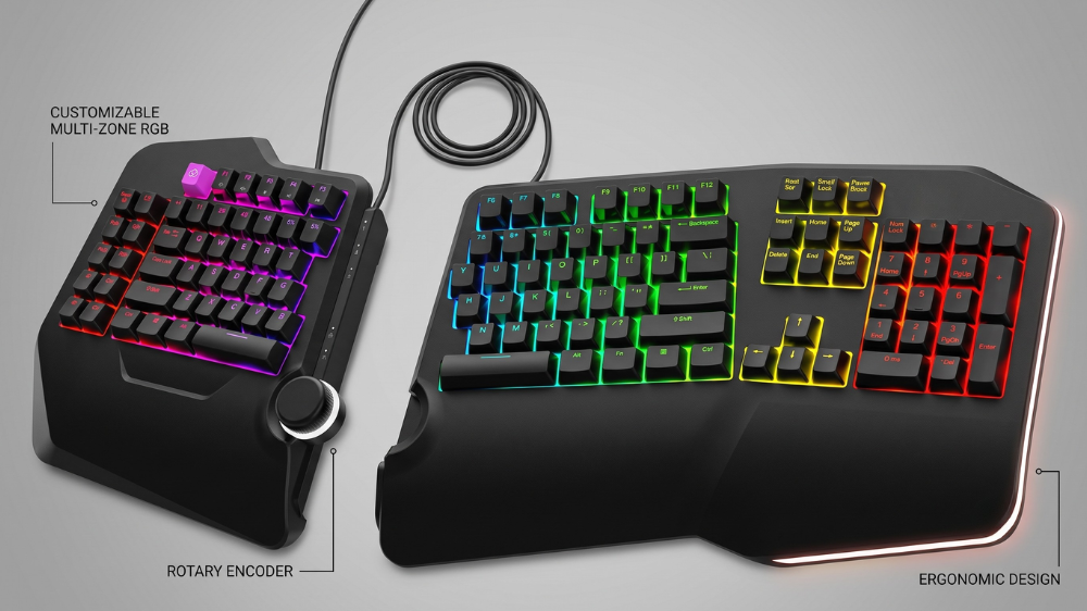 Cloud Nine C989 Ergo split mechanical keyboard for programming featuring a full-size layout and built-in wrist cushion.