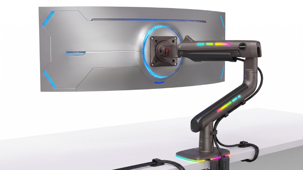 Huanuo TitanLift budget gas spring monitor arm holding an ultrawide monitor on a standing desk.
