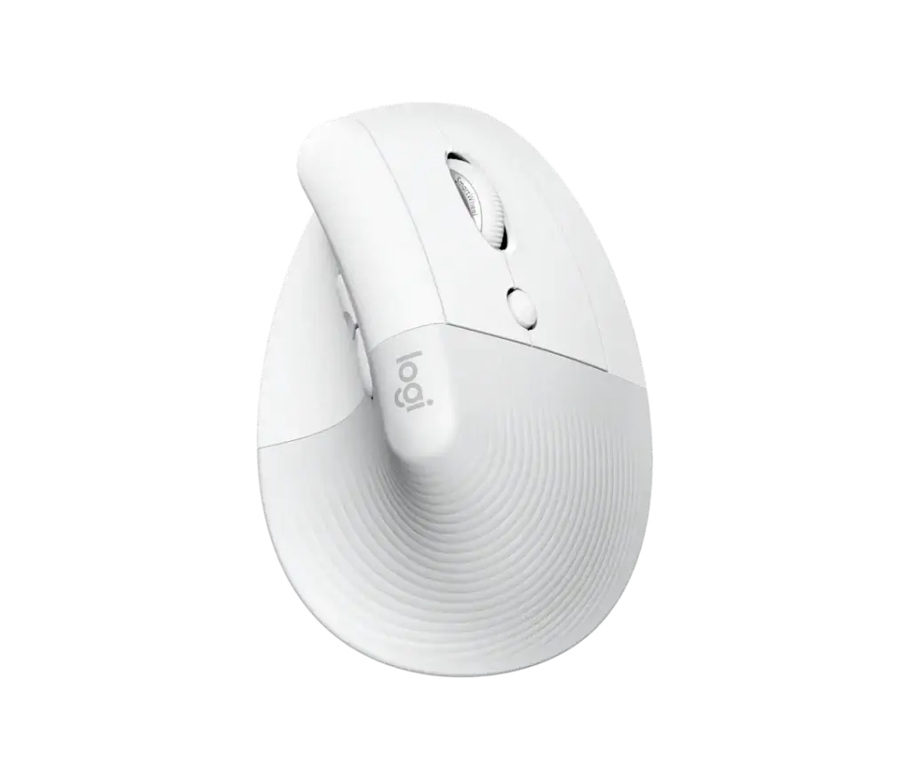Logitech Lift vertical ergonomic mouse showing the 57-degree handshake angle for wrist comfort.
