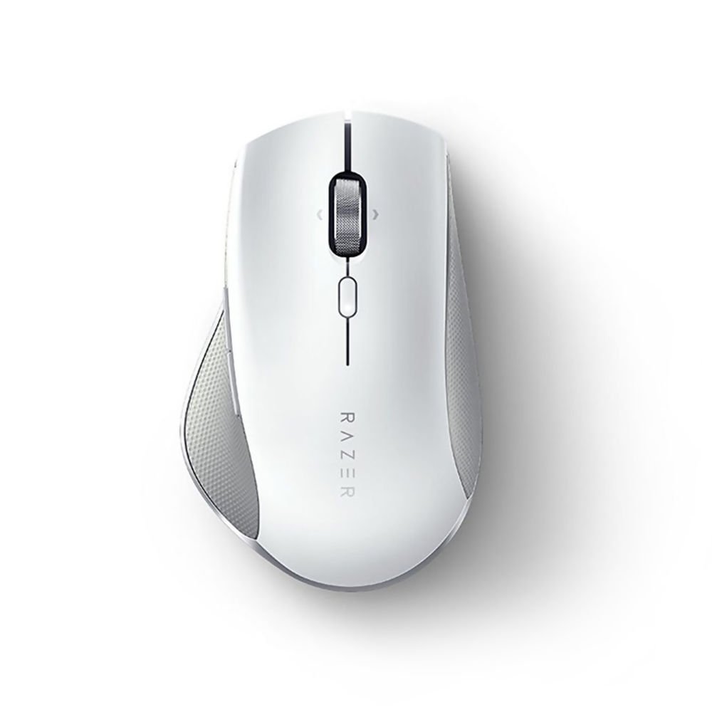 Close-up of the Razer Pro Click mouse showcasing its metallic scroll wheel, textured side grips, and thumb buttons.