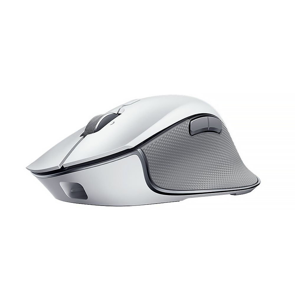 Razer Pro Click wireless ergonomic mouse in white and gray, designed with Humanscale to reduce wrist strain